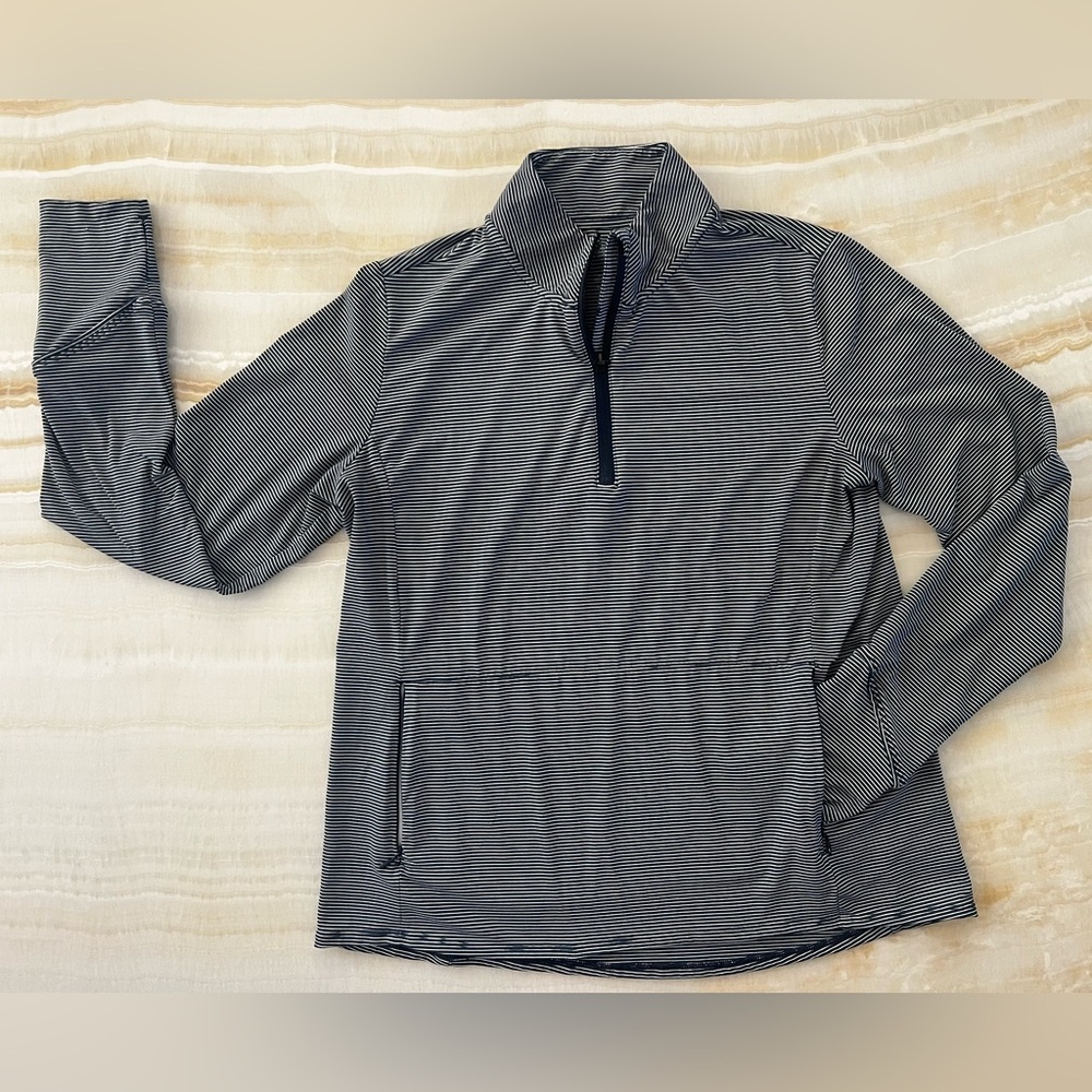 Market & Spruce Active Navy Stripe Quarter Zip Performance Top L SPF 40